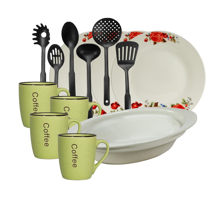 Set vesela, 4 persoane, 15 piese, cana verde, farfurie intinsa, tava termorezistenta, ustensile bucatarie, Portelan decorat cu Trandafiri rosii