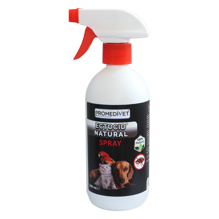Spray antiparazitar Ectocid Natural, Produs natural, gata de aplicare, recomandat ca adjuvant in tratamentul infestatiilor cu pureci si paduchi la Caini, Pisici si Pasari de colivie, 500 ml