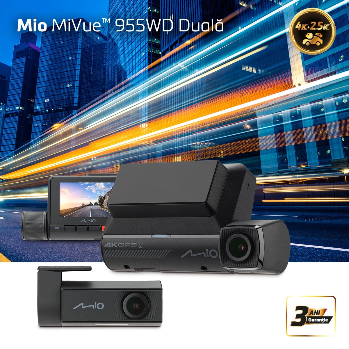 Camera video auto duala Mio MiVue 955WD, 4K/2.5K, HDR, Wi-Fi, GPS, Alerta medie camera radar fix, Negru