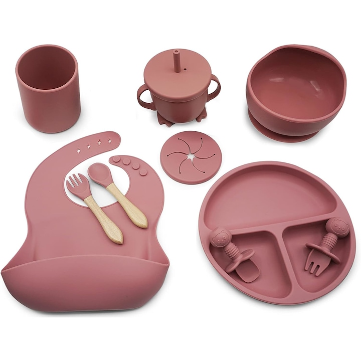 S&Z Etetőkészlet, 10 részes, szilikon, előke, tányér, tapadókorongos tál, kanál és villa, uzsonnás pohár, fakanál és favilla, allergénmentes, jobbos pohár, piros