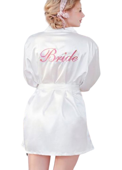 Halat dama alb din satin, pentru Mireasa, StarFashion, brodat cu textul "Bride", Alb fildes