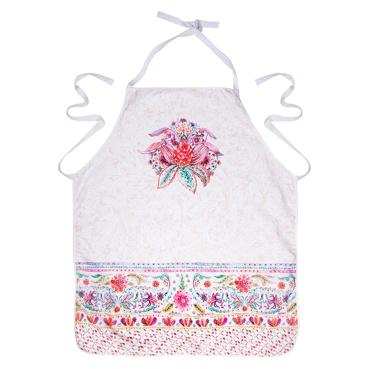 Sort de bucatarie, BonDia, Model Laksmi 150, 60 cm x 75 cm, Bumbac, Alb/Roz, Lotus/Flori/Indian