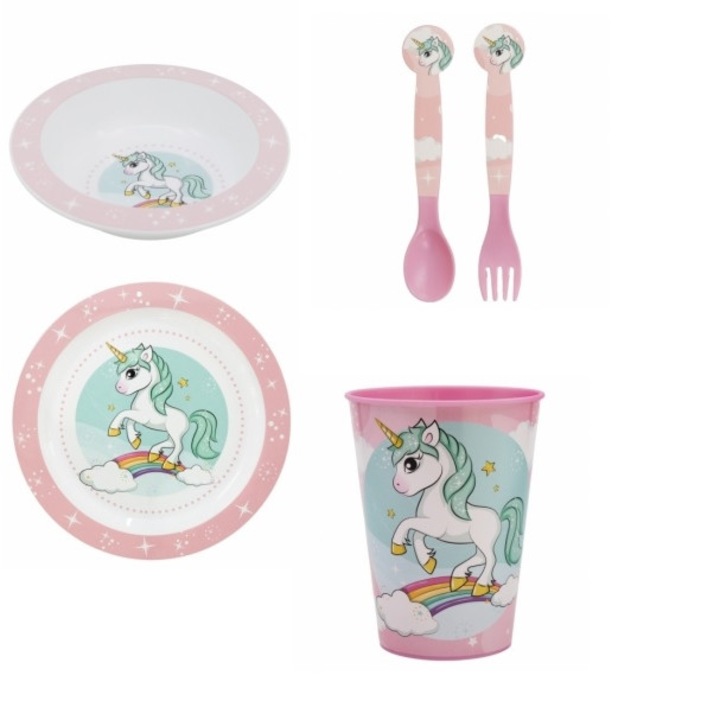 Set mic dejun Unicorn Rainbow 4 piese Roz 260 ml