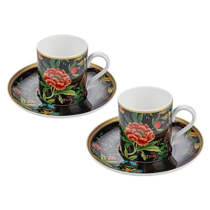 Комплект за еспресо Димс-92, 2 чаши и 2 чинийки, Божур, 979008, Фин костен порцелан