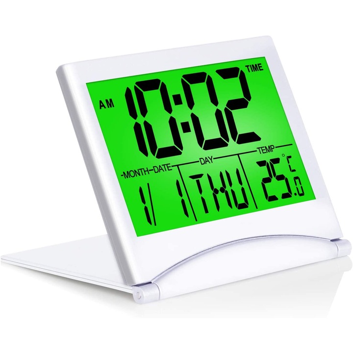 Bliibee® digitális óra, idő és dátum kijelző, hőmérséklet kijelző, ébresztő szundi funkcióval, összecsukható, zöld háttérvilágítás, ezüst