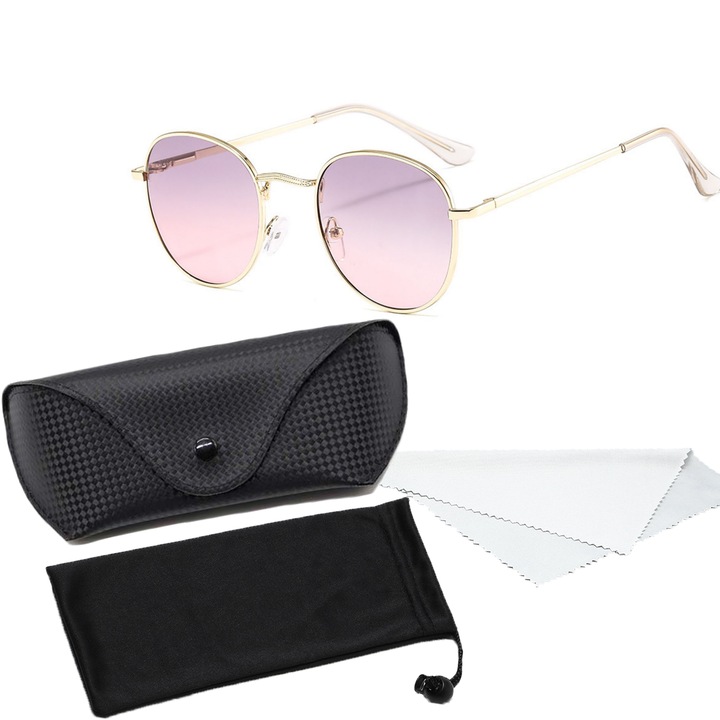 Ochelari de soare dama, POMAMZ, lentile nepolarizate, si protectie UV400, rama metalica rotunda, greutate redusa, Roz/gri