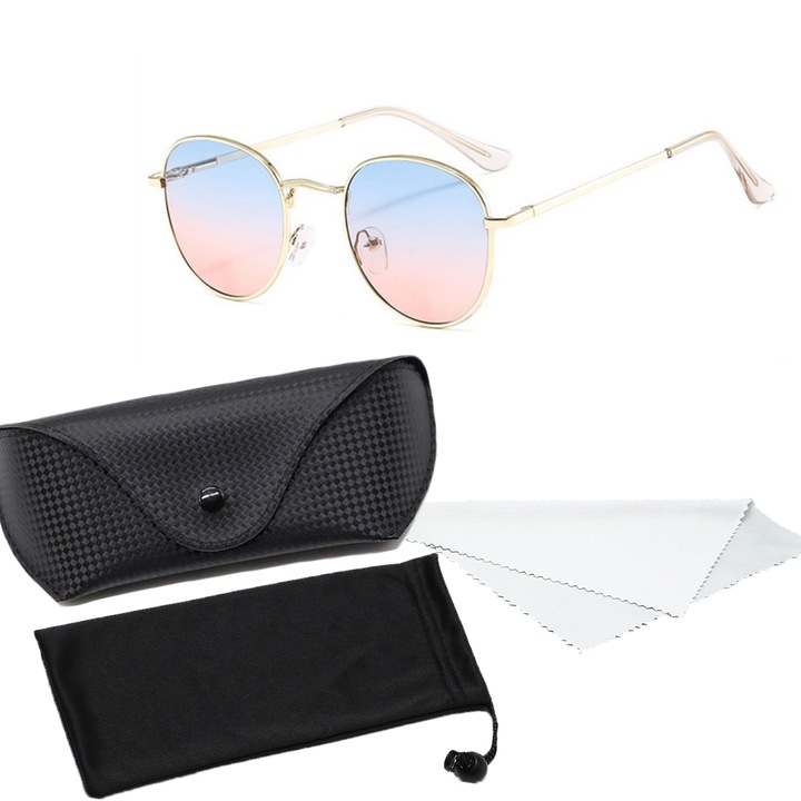 Дамски слънчеви очила, POMAMZ, неполяризирани стъкла, и UV400 защита, кръгла метална рамка, леки, Розово/синьо