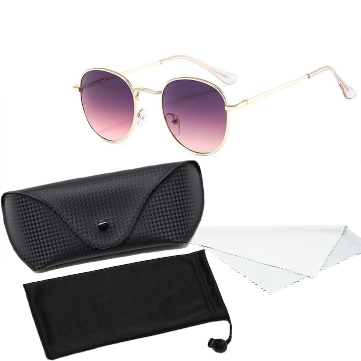 Дамски слънчеви очила, POMAMZ, неполяризирани стъкла, и UV400 защита, кръгла метална рамка, леки, Розово/лилаво