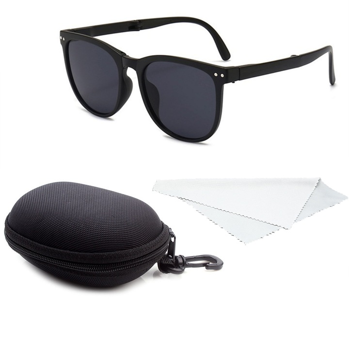 Ochelari de soare dama, POMAMZ, lentile polarizate, Unisex, pahare pliabile si protectie UV400, Negru/negru