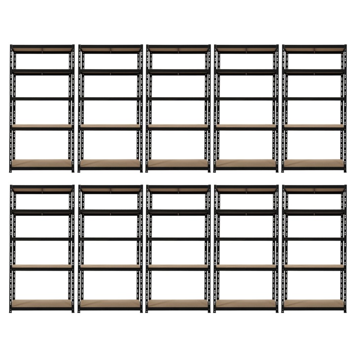 Set rafturi tip polita de depozitare cu 5 polite, 10 piese Handlekraft® 180 x 90 x 40 cm, otel/MDF, negru
