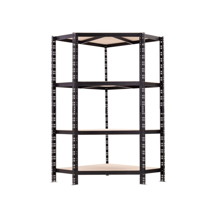 Handlekraft® fém sarokpolc típusú tárolópolc, 180 x 90 x 90 x 40 cm, 4 polc, acél váz anyaga, fekete