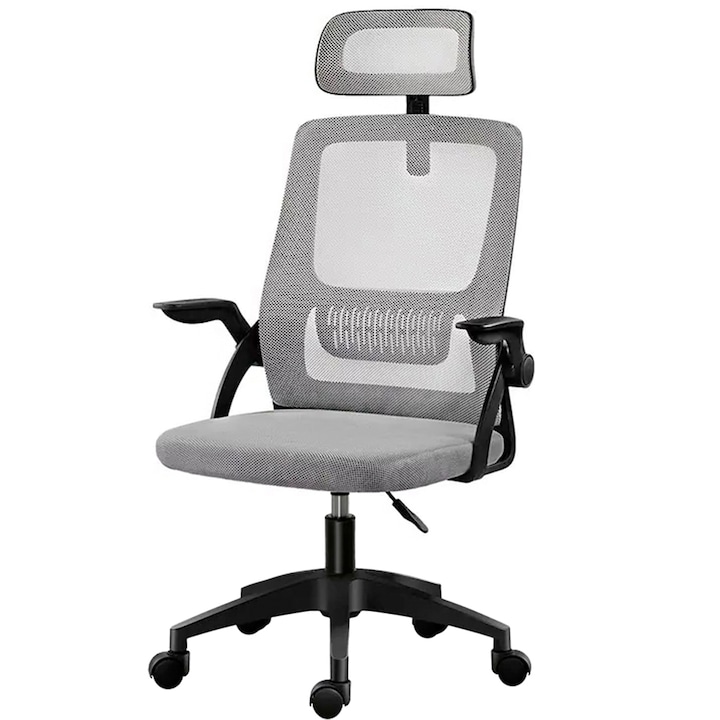 Irodai szék, Quasar & Co., ergonomikus, összecsukható fogantyúk, latex ülés, állítható magasság, deréktámasz, állítható fejtámla, háló, 48 x 50 x 89-97 cm, szürke