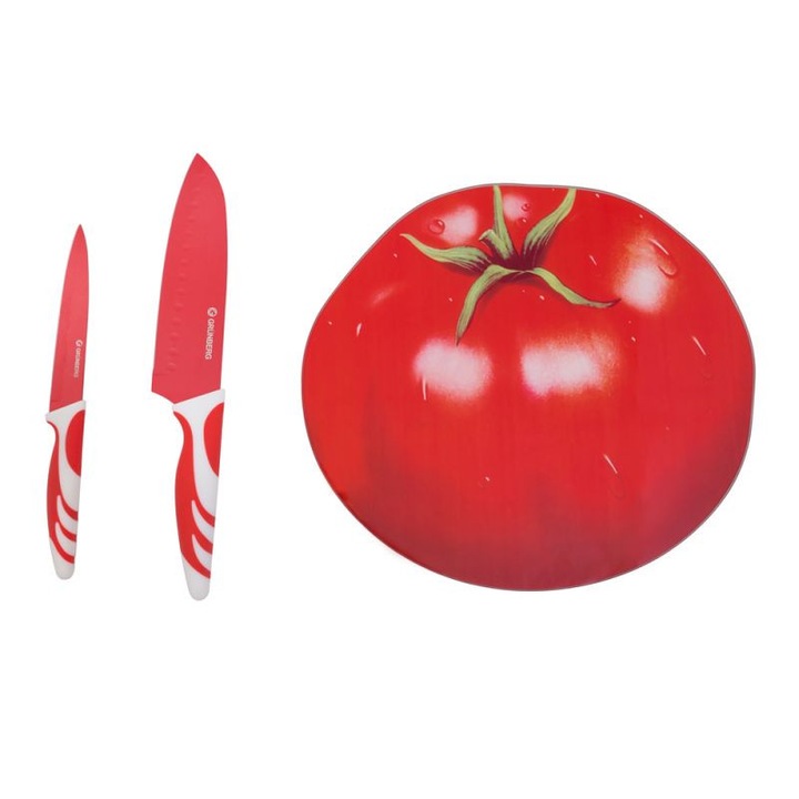 Set 2 cutite si tocator din sticla virtual incasabila Grunberg, Rosu/Alb