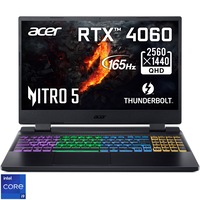 Laptop Gaming Acer Nitro 5 AN515-58 cu procesor Intel Core i9-12900H pana la 5.0 GHz, 15.6", QHD, IPS, 165Hz, 32GB DDR5 RAM, 1TB SSD, NVIDIA GeForce RTX 4060 8GB GDDR6, No OS, Black