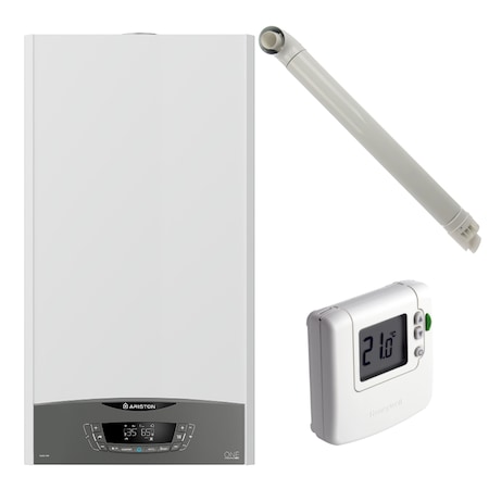 Pachet centrala termica pe gaz in condensare, Ariston Clas One 24 kW, Wi-Fi, murala, kit de evacuare si termostat Honeywell wireless incluse