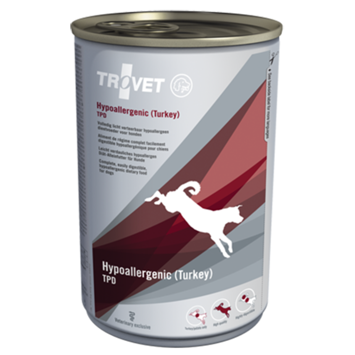 Hrana umeda dietetica pentru caini Trovet, Hipoalergenic, Curcan, 6 x 400 g