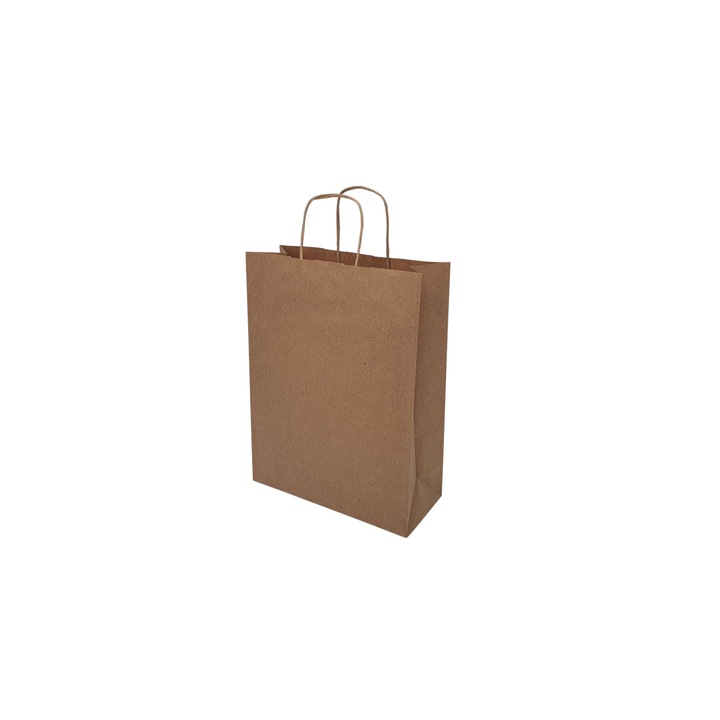 Set 100 bucati Pungi hartie Kraft Natur, manere hartie rasucita, 27 x 36 x 11cm
