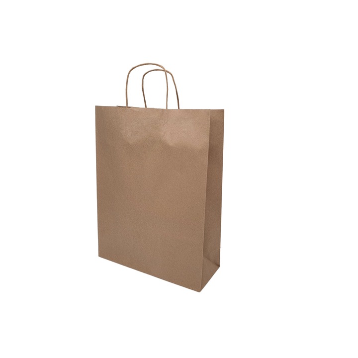 Set 500 bucati Pungi hartie Kraft Natur, manere hartie rasucita, 32 x 41 x 12cm