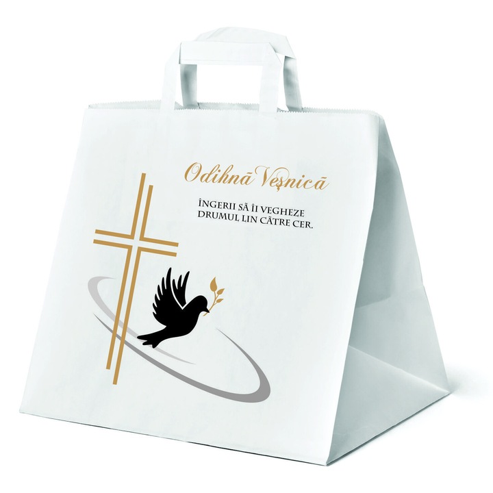 Set 200 bucati pungi hartie pentru parastase, comemorari, inmormantari Odihna Vesnica, 32 x 27 x 21cm, kraft Alb, Model 4