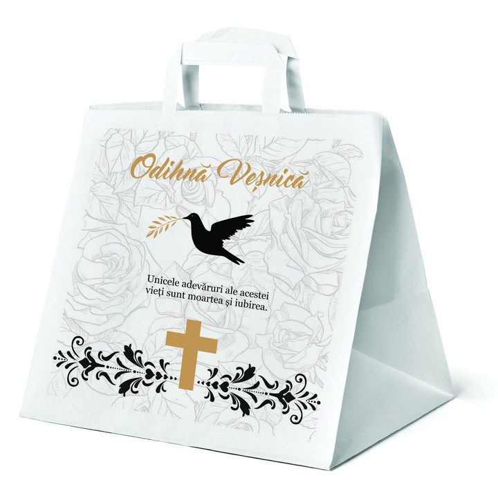 Set 500 bucati pungi hartie pentru parastase, comemorari, inmormantari Odihna Vesnica, 32 x 27 x 21cm, kraft Alb, Model 6