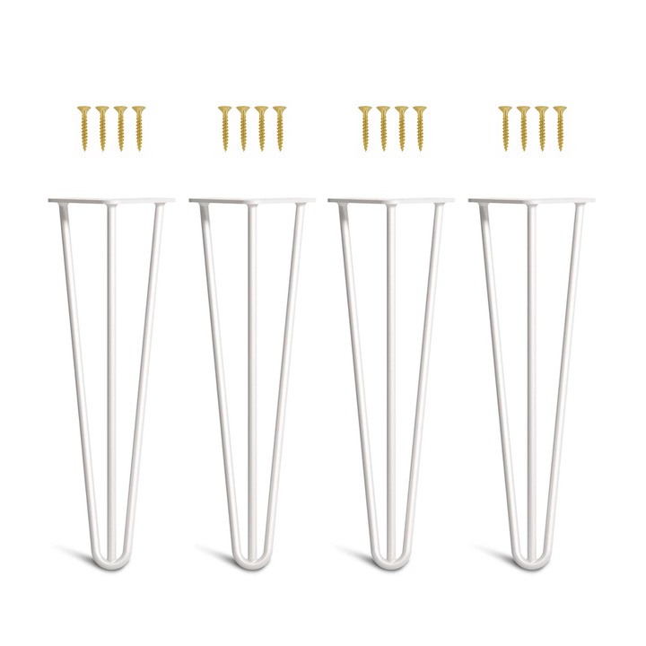 Set 4 picioare masa Hairpin, vopsite electrostatic, inaltime 40 cm, 3 brate, profil diametru 10 mm, otel, alb mat, kit montaj inclus