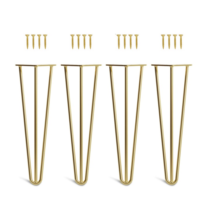 Set 4 picioare mobilier Hairpin, vopsite electrostatic, inaltime 40 cm, 3 brate, profil diametru 12 mm, otel, auriu, kit montaj inclus