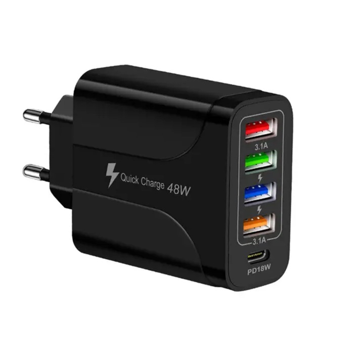 Adaptor de incarcare 48W cu 4 porturi USB-A si PD Tip C 18W, compatibil IPhone, Huawei, Samsung, Xiaomi, laptop, negru