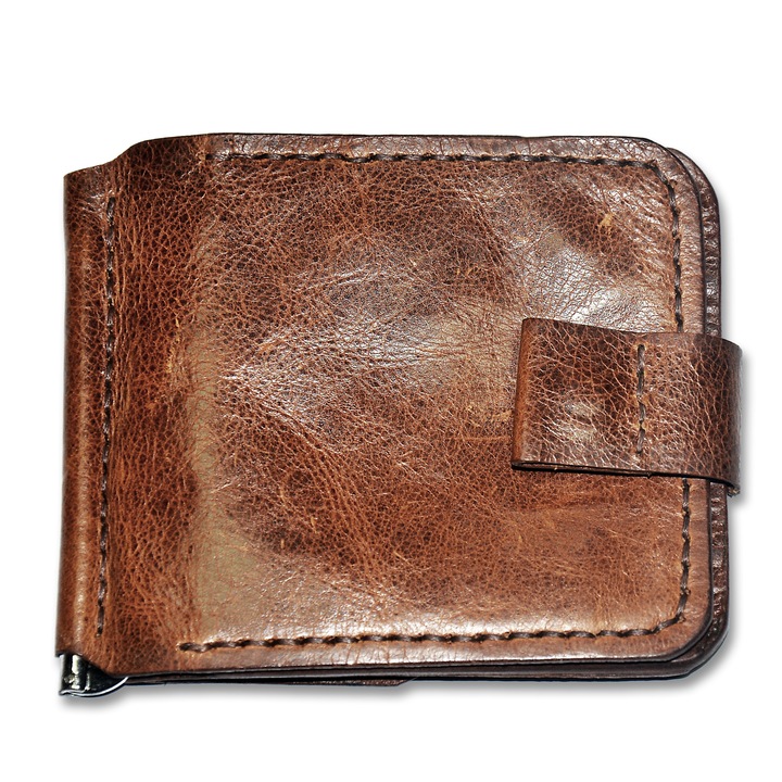 Portofel din piele naturala, maro, lucrat manual