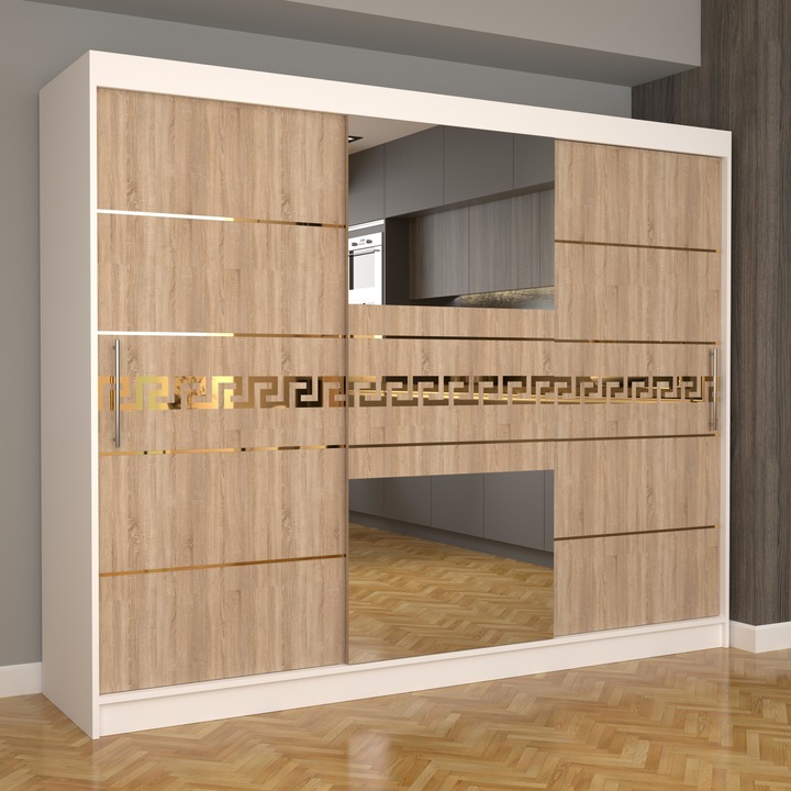 Dulap Dormitor Stefan Gold 250 cm x 200 cm x 61 cm, cu oglinda, alb cu usi glisante sonoma