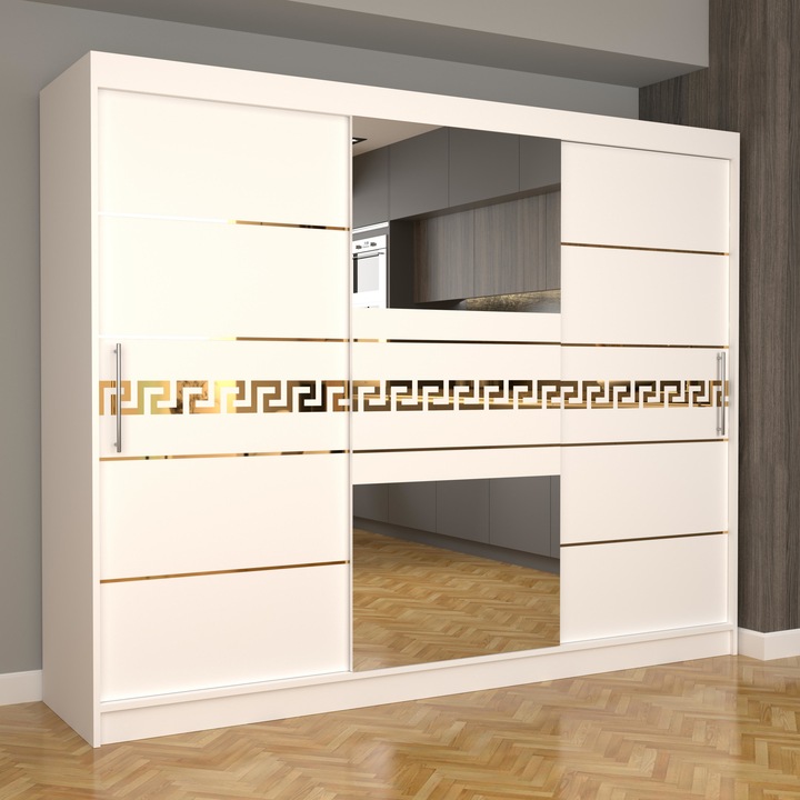 Dulap Dormitor Stefan Gold 250 cm x 200 cm x 61 cm, cu oglinda, alb cu usi glisante albe