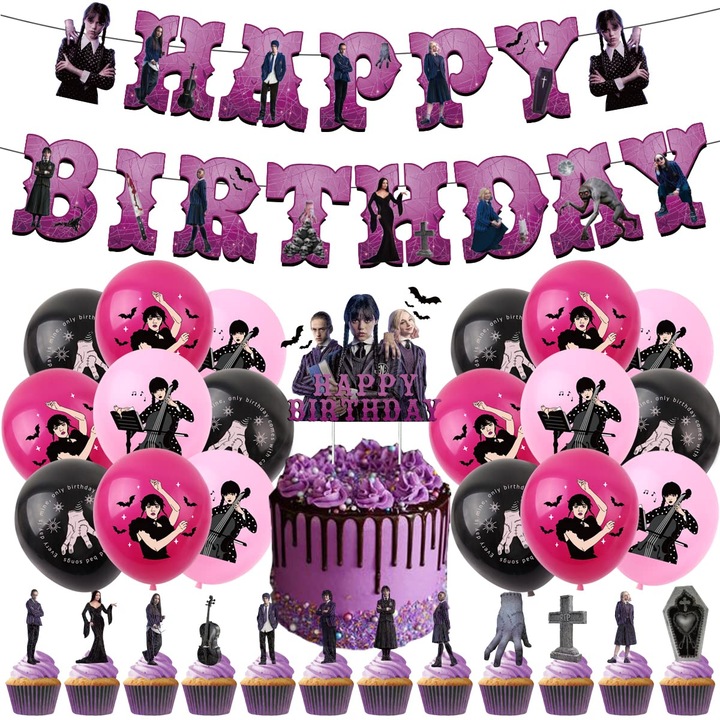 Комплект 18 детски балона Wednesday Addams, За рожден ден, Латекс, 1 банер Happy Birthday, 12 топера за кексчета, 1 топер за торта, Лилав/Розов/Черен