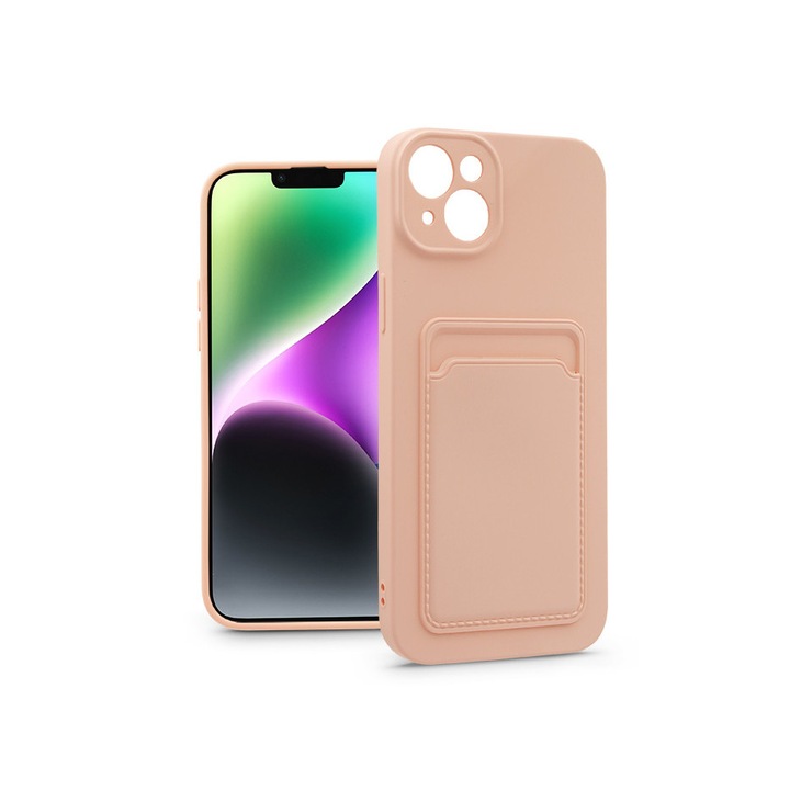 iPhone 14 Plus szilikon tok, hátlap tok, telefon tok, bankkártya tartóval, rózsaszín / barackvirág, Card