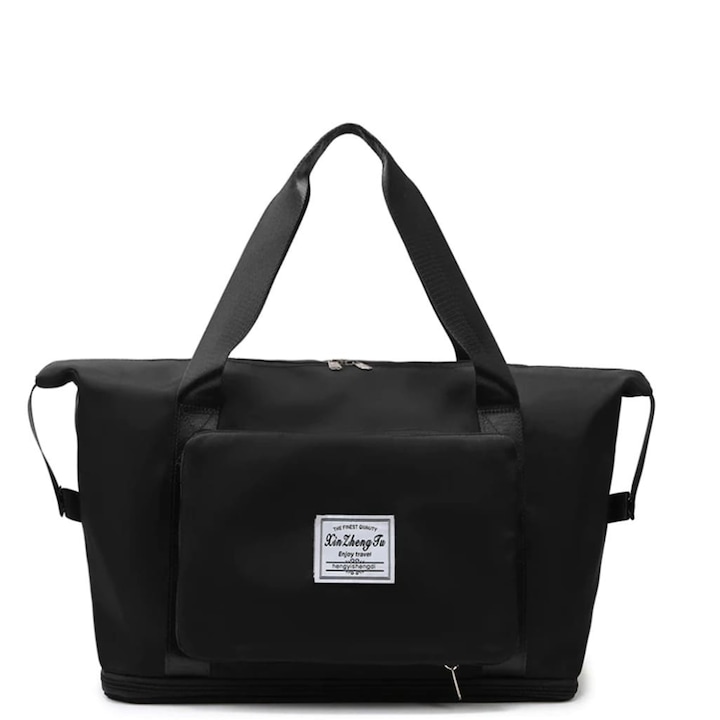 Регулируем размер, водоустойчива спортна чанта за пътуване - черна - с джоб