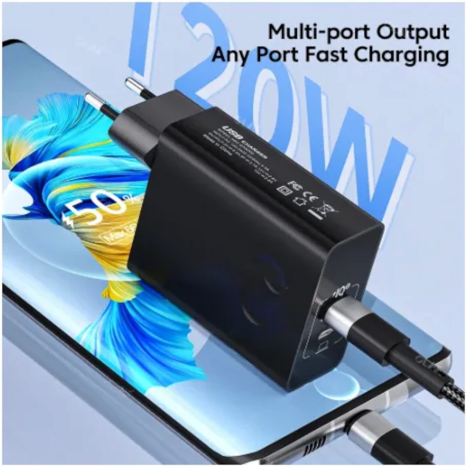 Мрежово зарядно, 120W, Супер бързо зарядно устройство, Двоен порт USB ...