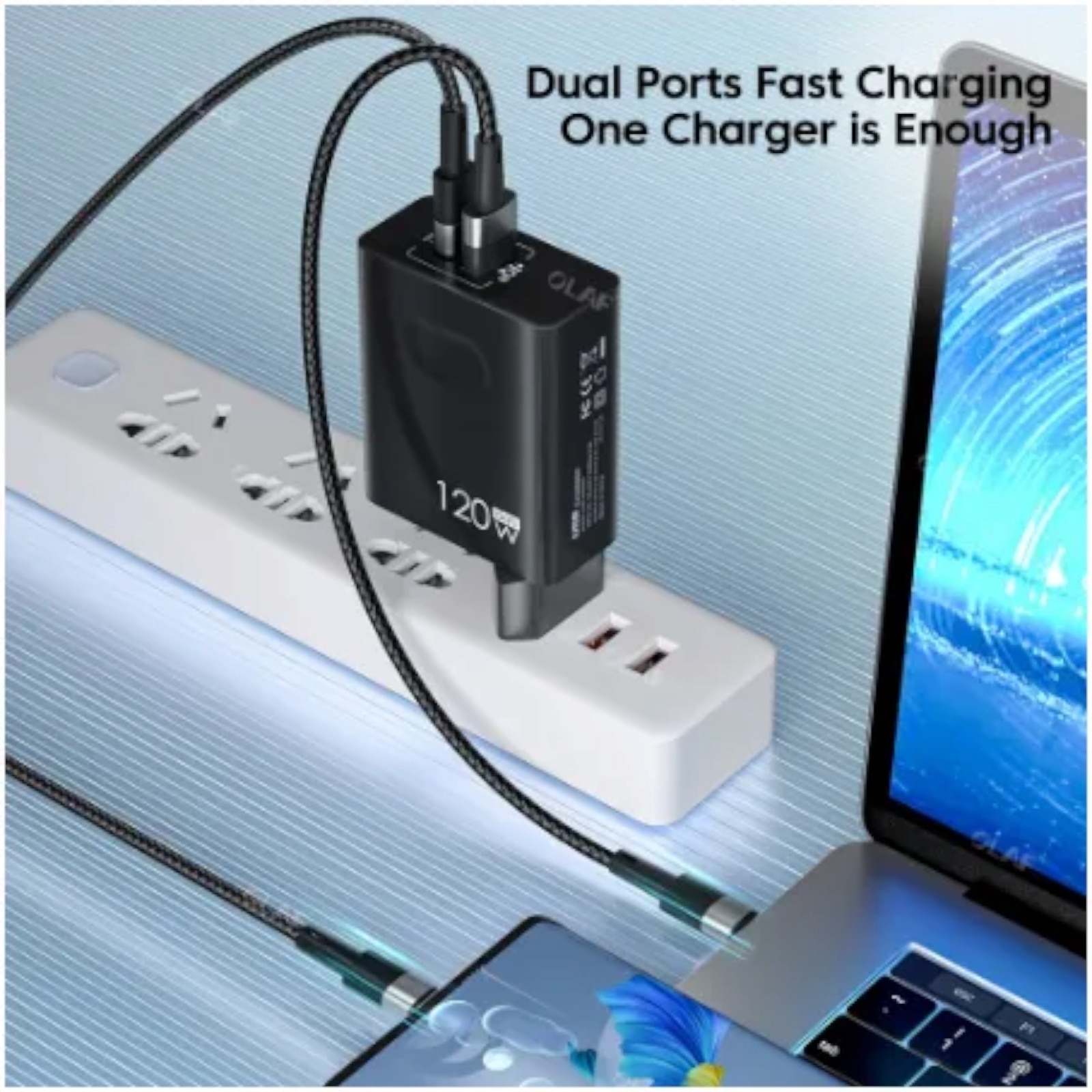 Мрежово зарядно, 120W, Супер бързо зарядно устройство, Двоен порт USB ...