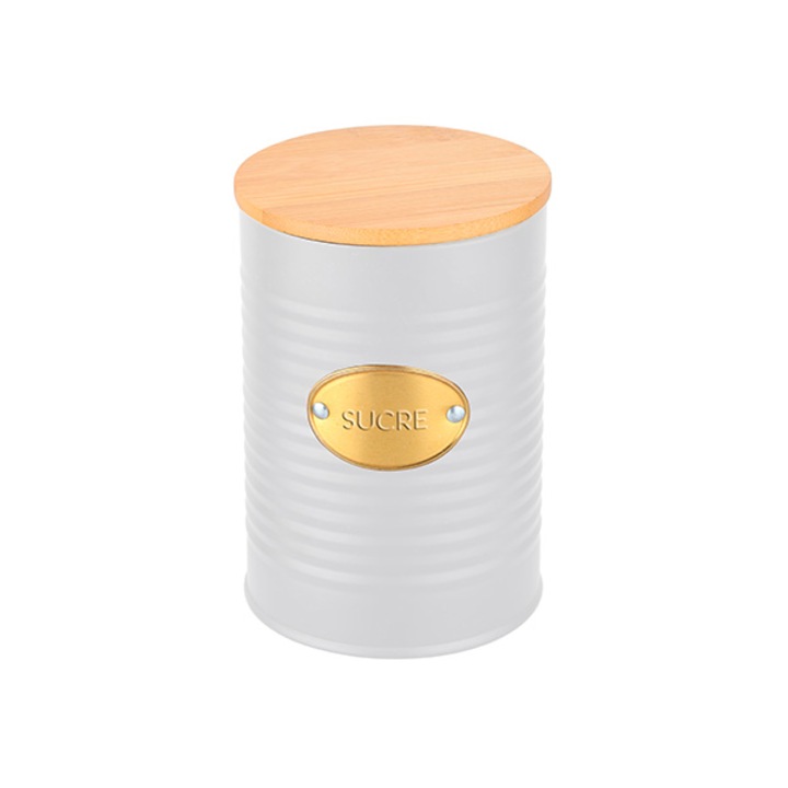 Cutie metal depozitare zahar, capac bambus, placuta aurie, Frandis, alb/natur, model 041129