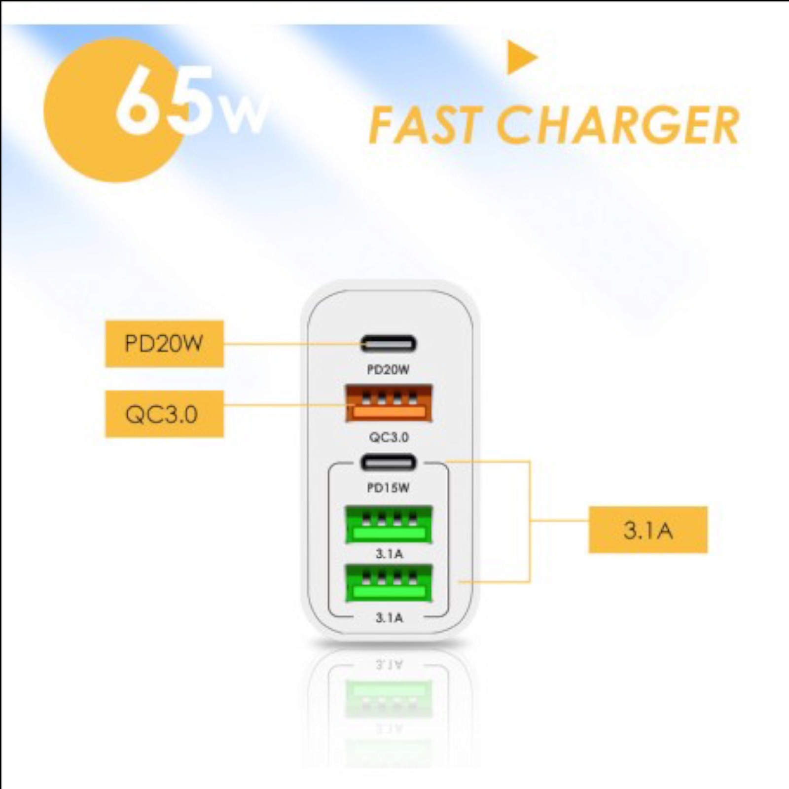 Зарядно за телефон 65W бързо зареждане с 5 порта, 220V - 3 X USB, 2 X ...