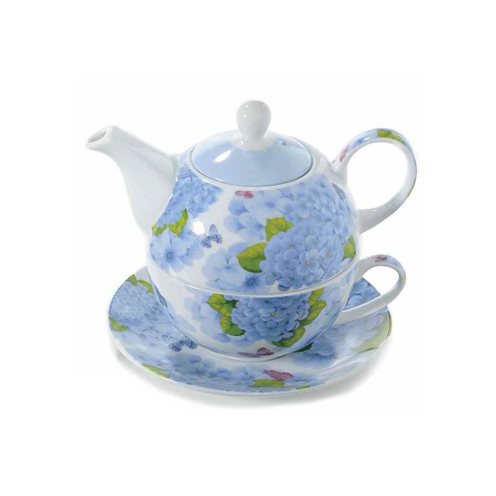 Комплект чайник с чаша и чинийка в син декоративен порцелан 16 cm x 15 cm x 14 h