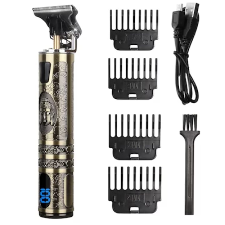 Professzionális hajvágó, digitális kijelző, gyorstöltés, USB kábel, arany