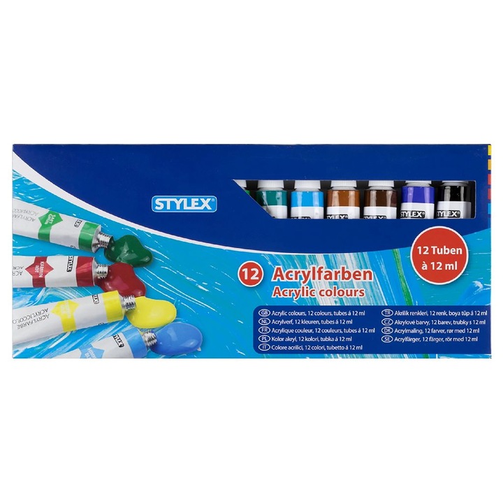 Set 12 acuarele acrilice Stylex, 12 culori x 12 ml