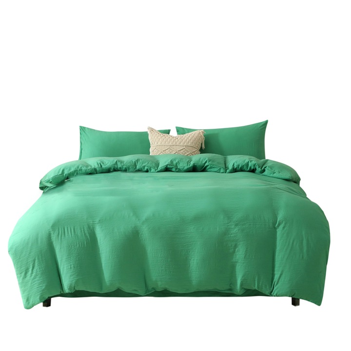 Set lenjerie pat de lux pentru pat dublu, set 6 piese, bumbac spalat, 230x250/180x220/48x74cm, Verde
