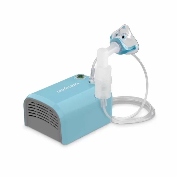 Компресорен инхалатор Medisana IN 155, Компактен, За деца и възрастни, Капацитет 8 мл, Приставки за нос и уста, Син