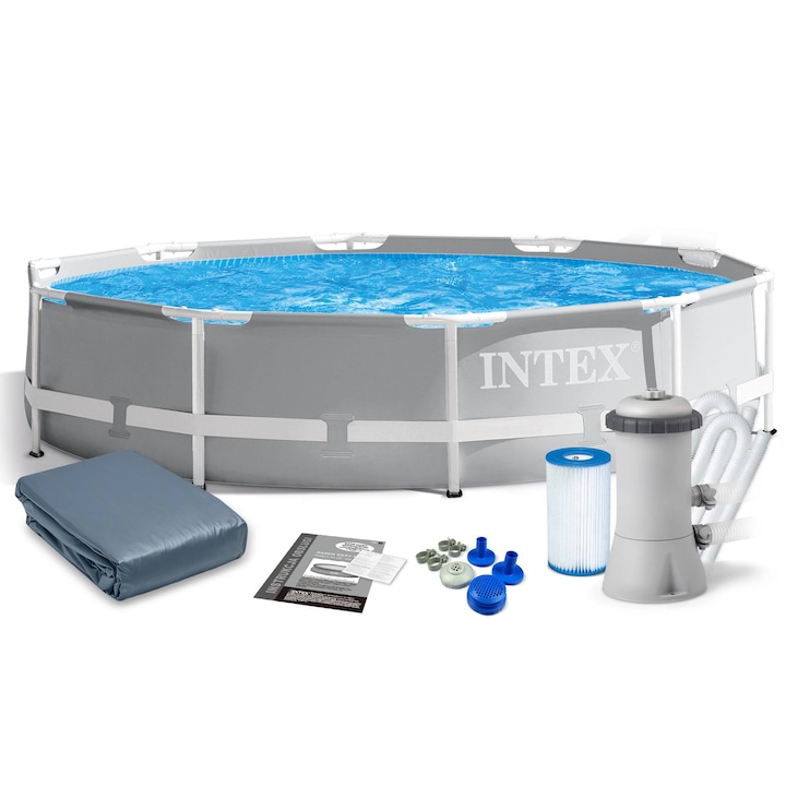 Комплект басейн с опора и аксесоари, Intex, PVC/найлон, 366 x 76 см, 4в1, сив