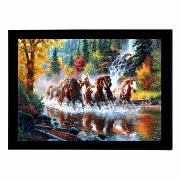 Картина Grelys Print, Коне бягащи през вода, Животни, Платно, Дървена рамка, За бюро и стена, Защита на изображението, Многоцветна, 30 x 20 см