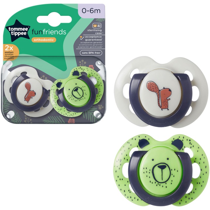 Suzeta Tommee Tippee Fun, design ortodontic simetric, fara BPA, include cutie de sterilizare, 0-6 luni, 2 buc, verde-alb