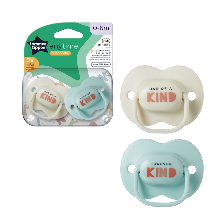 Suzeta Tommee Tippee Anytime, design ortodontic simetric, fara BPA, include cutie de sterilizare, 0-6 luni, 2 buc, alb -albastru