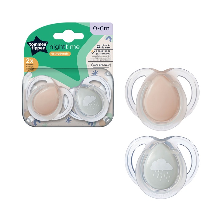 Suzeta Tommee Tippee de noapte, design ortodontic simetric, fara BPA, include cutie de sterilizare, 0-6 luni, 2 buc, norisor
