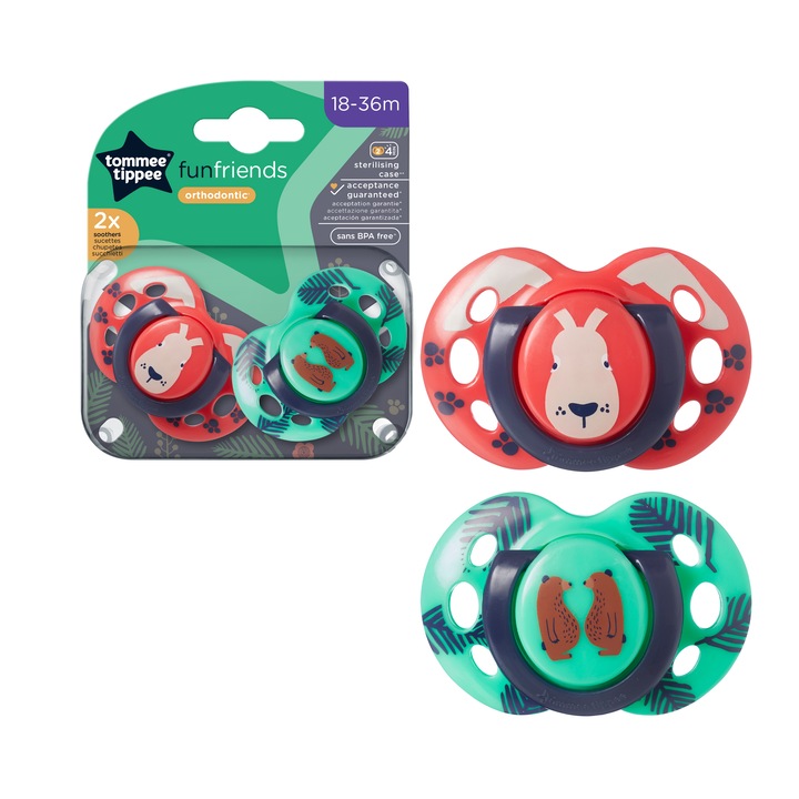 Suzeta Tommee Tippee Fun, design ortodontic simetric, fara BPA, include cutie de sterilizare, 18-36 luni, 2 buc, verde rosu