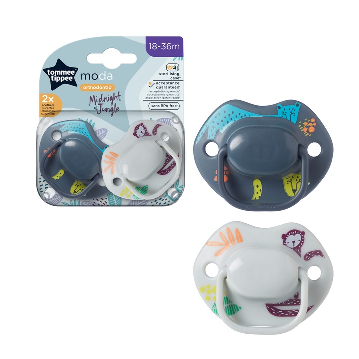 Suzeta Tommee Tippee Moda, design ortodontic simetric, fara BPA, include cutie de sterilizare, 18 - 36 luni, 2 buc, verde alb