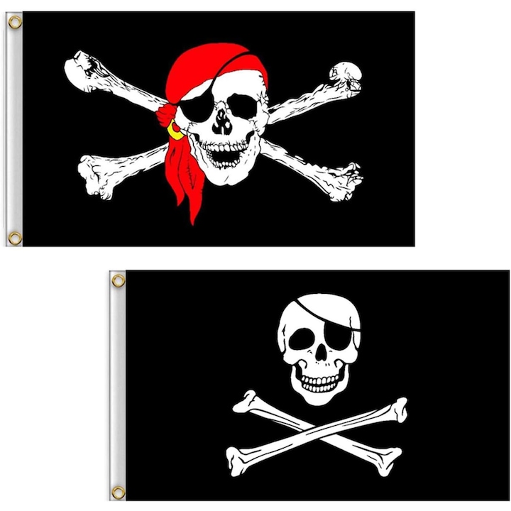 Set de 2 steaguri pirat, Poliester, 90x150cm, Negru/Alb